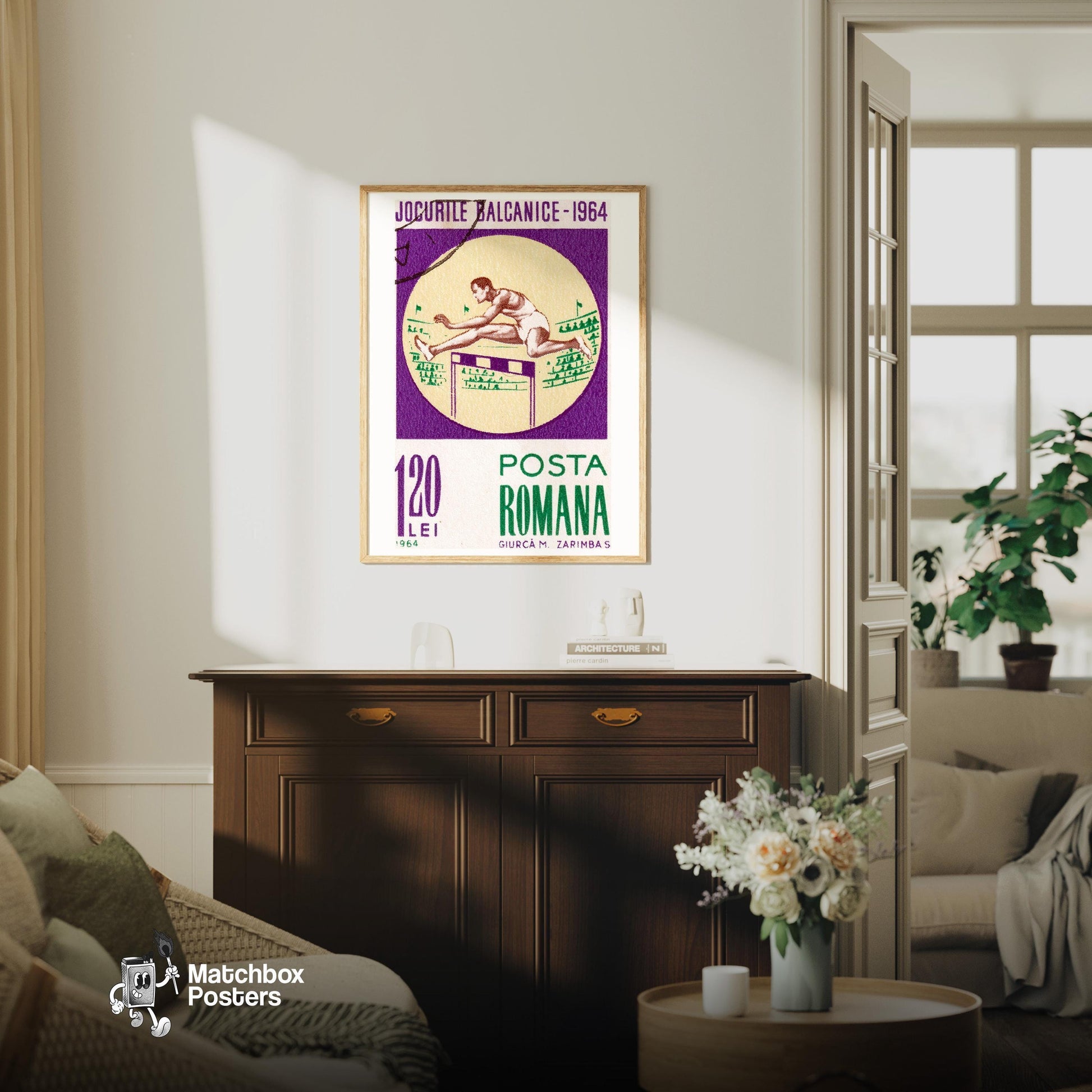 Hurdle Athlete - vintage matchbox label print - living room mockup