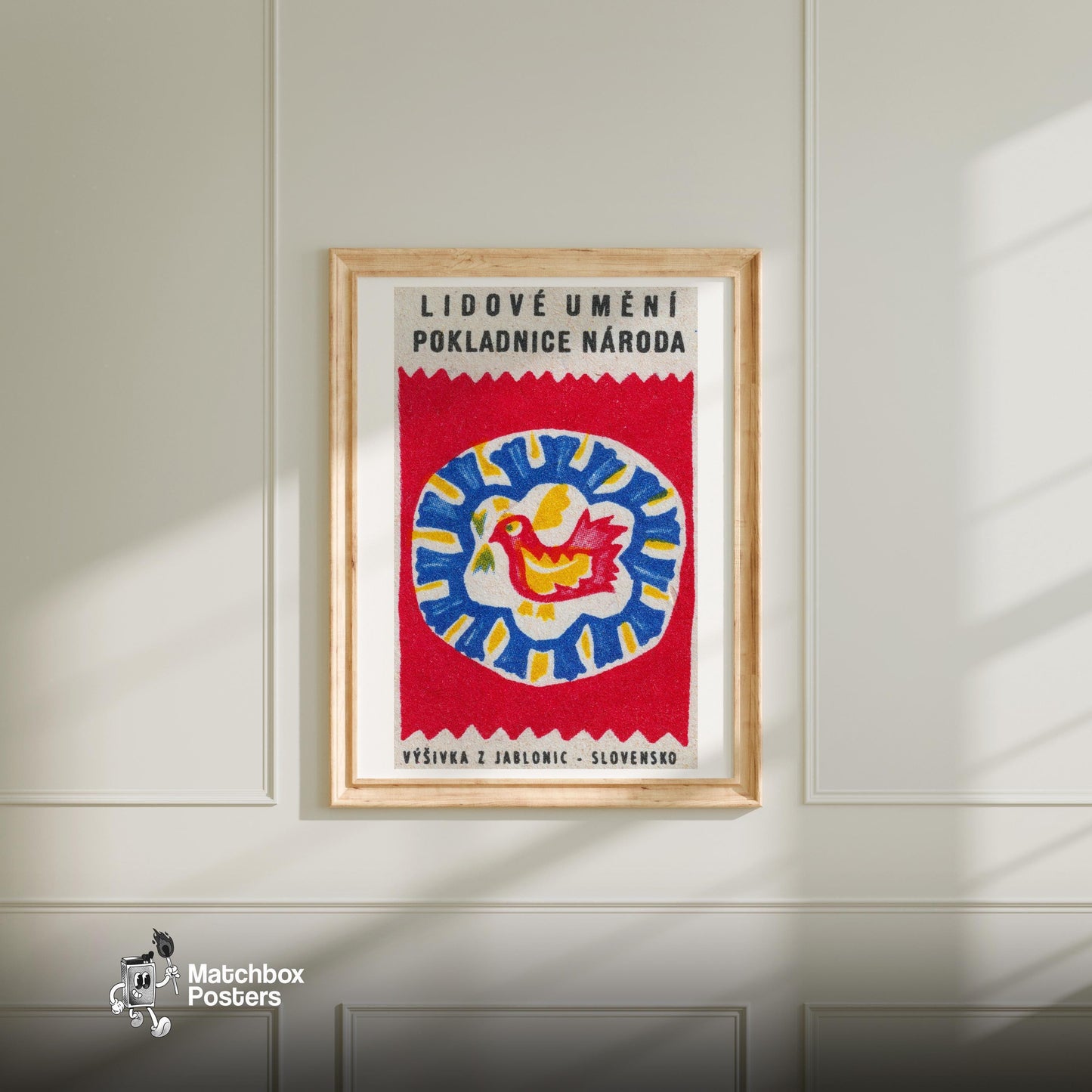 Folk Bird - vintage matchbox label print - bedroom mockup