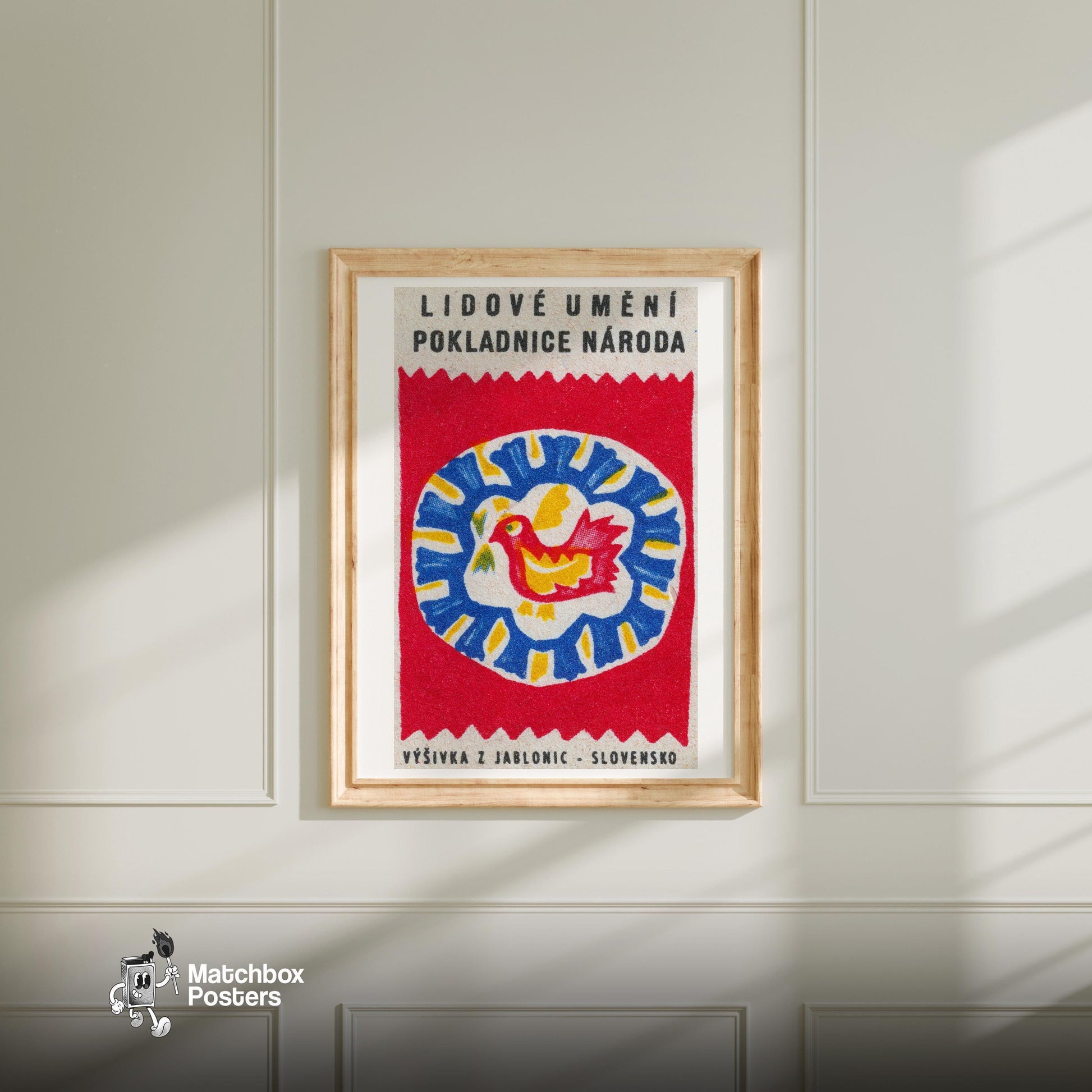 Folk Bird - vintage matchbox label print - bedroom mockup