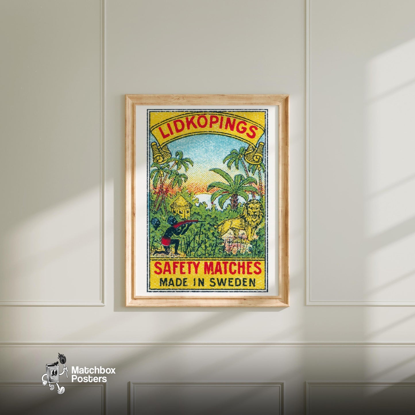 Jungle Hunting - vintage matchbox label print - bedroom mockup