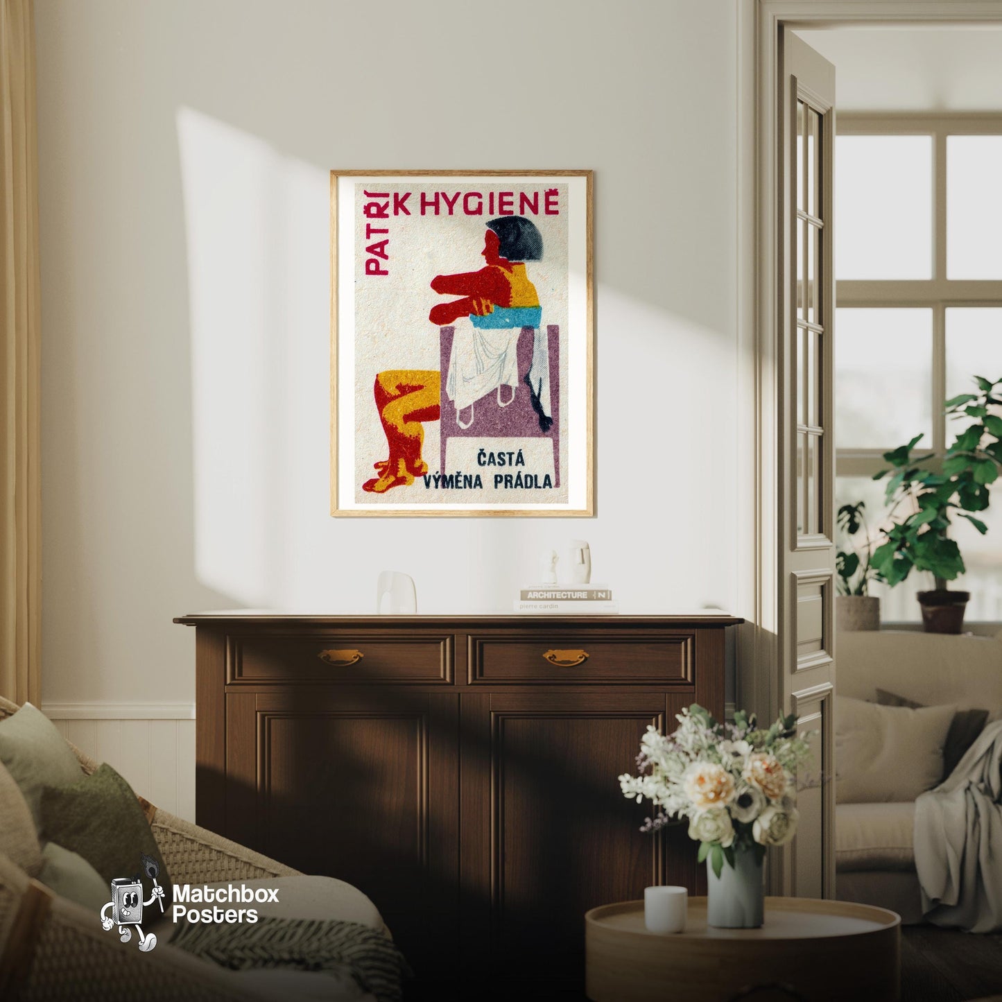 Stylized Human Figure Sitting - vintage matchbox label print - living room mockup