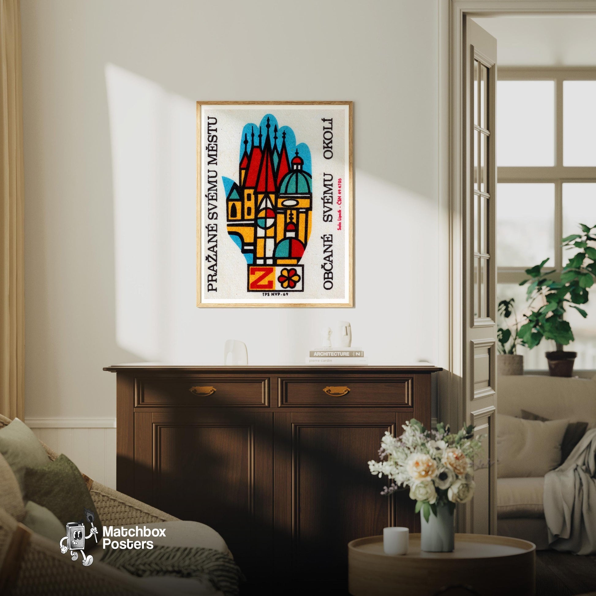 Czech Church - vintage matchbox label print - living room mockup