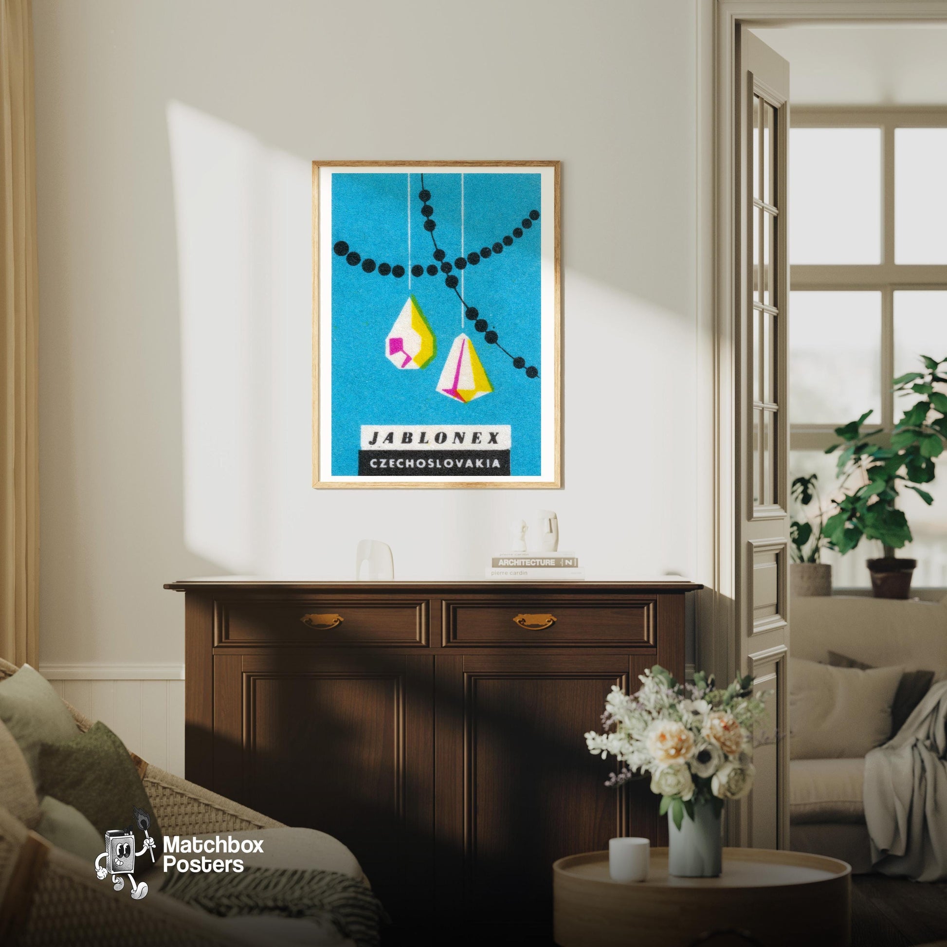 Gemstones - vintage matchbox label print - living room mockup