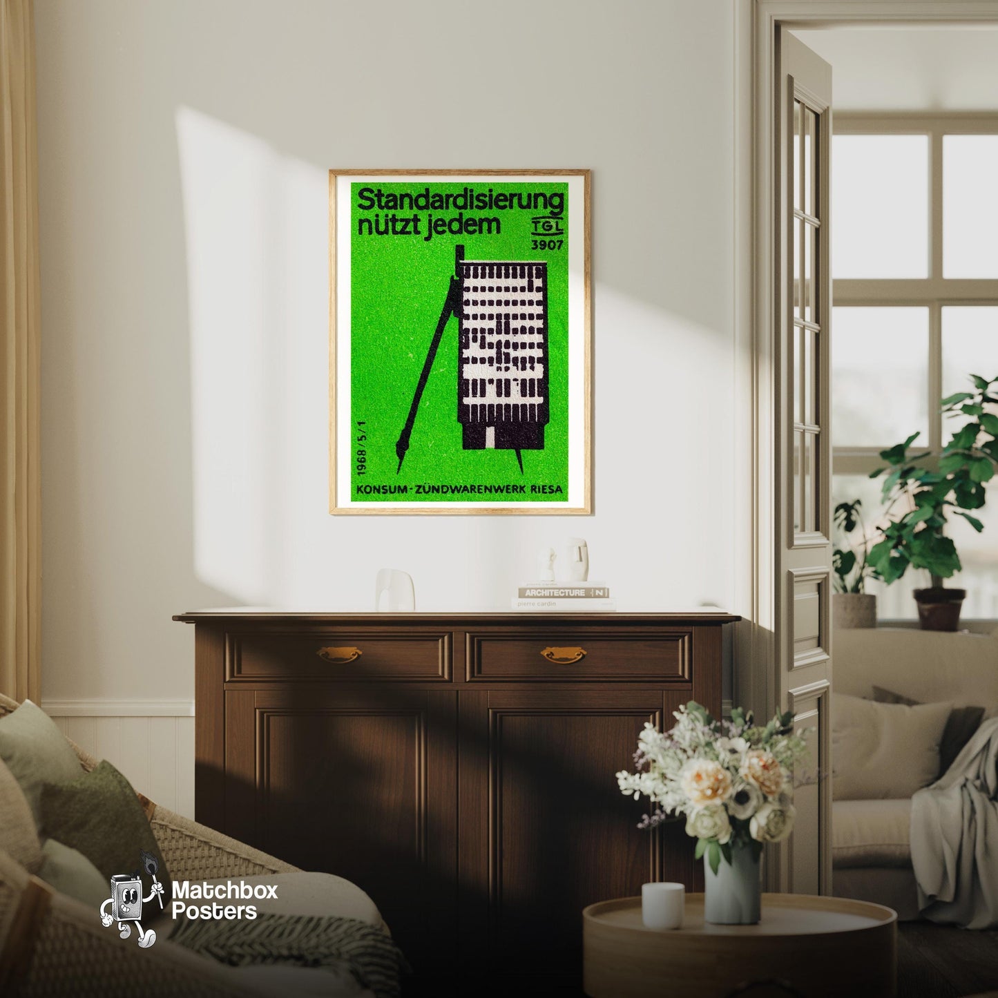 Industrial Building - vintage matchbox label print - living room mockup