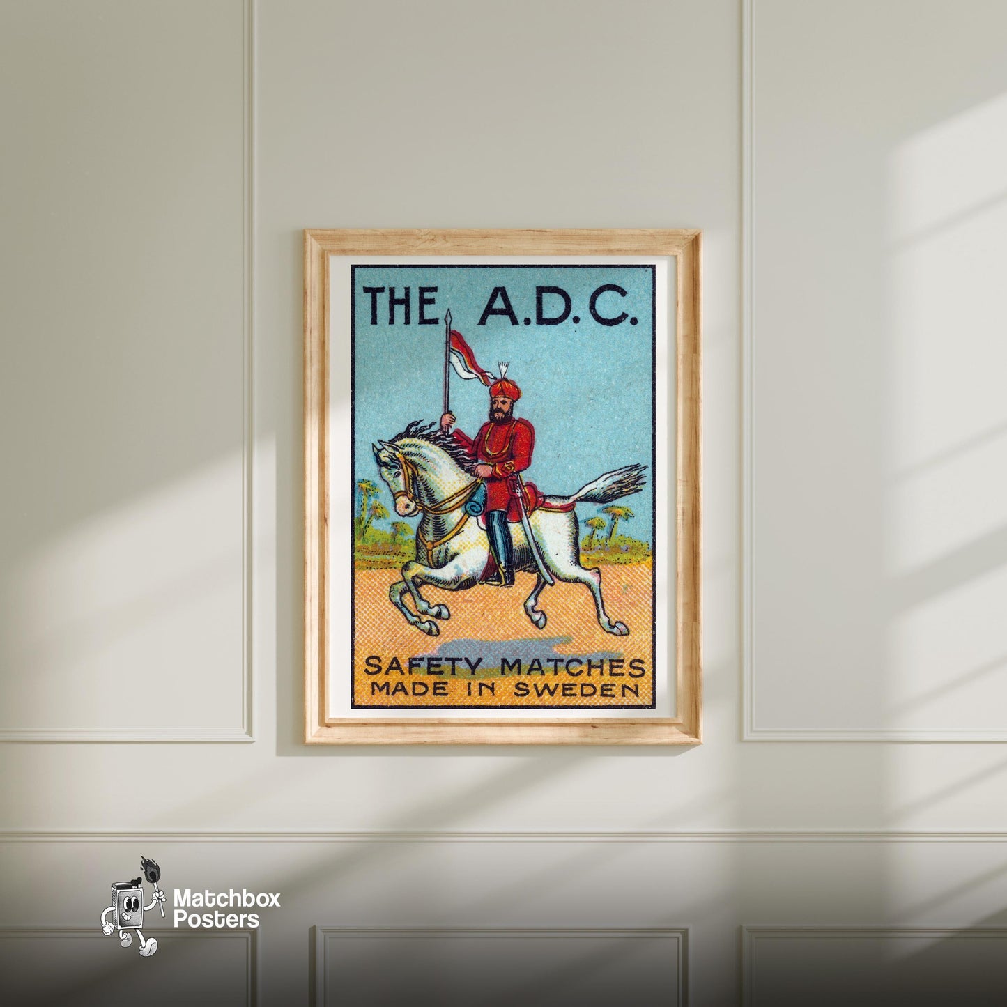 Royal Red Horse Rider - vintage matchbox label print - bedroom mockup