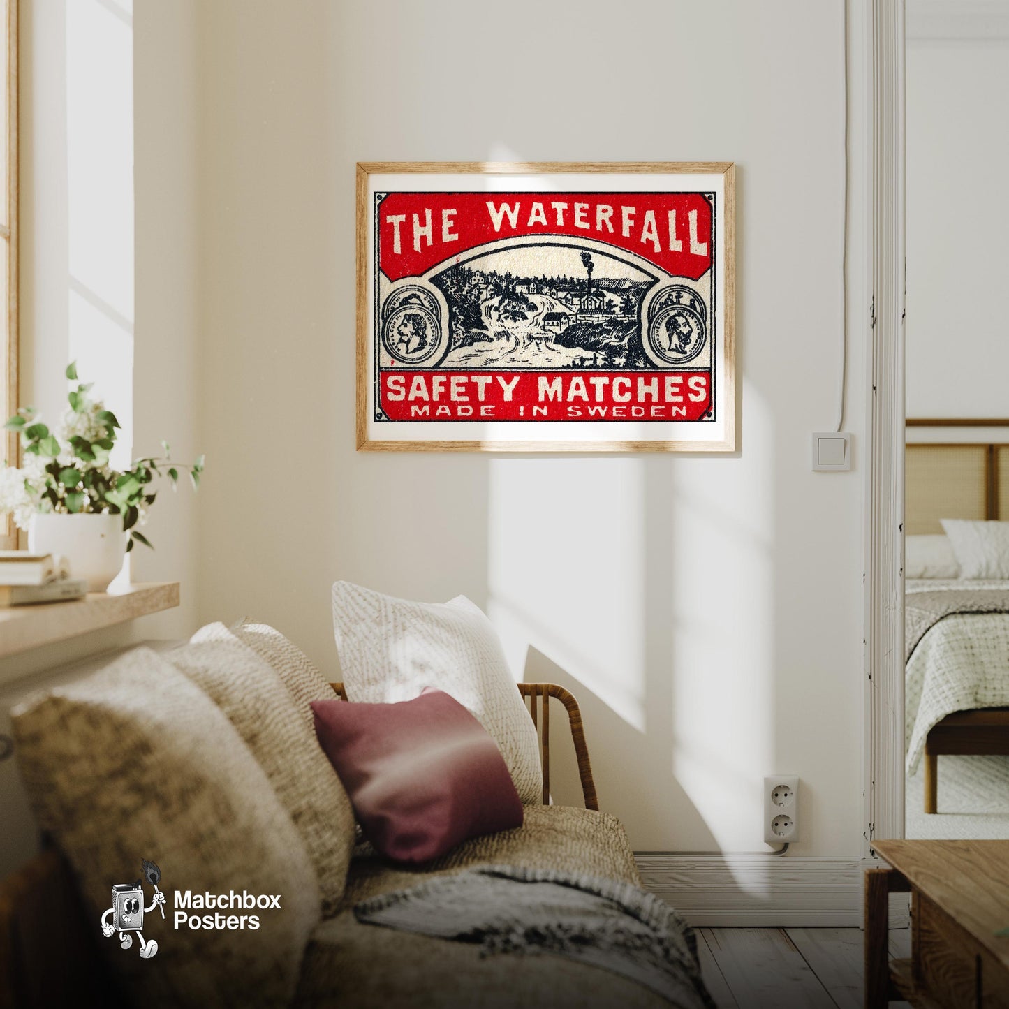 The Waterfall - vintage matchbox label print - living room mockup