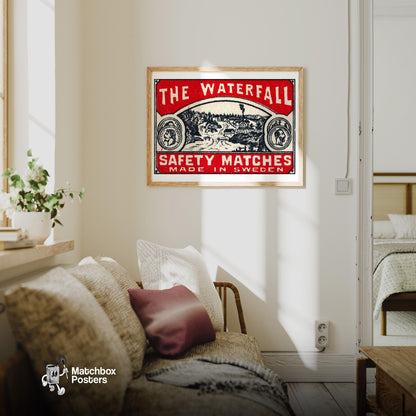 The Waterfall - vintage matchbox label print - living room mockup