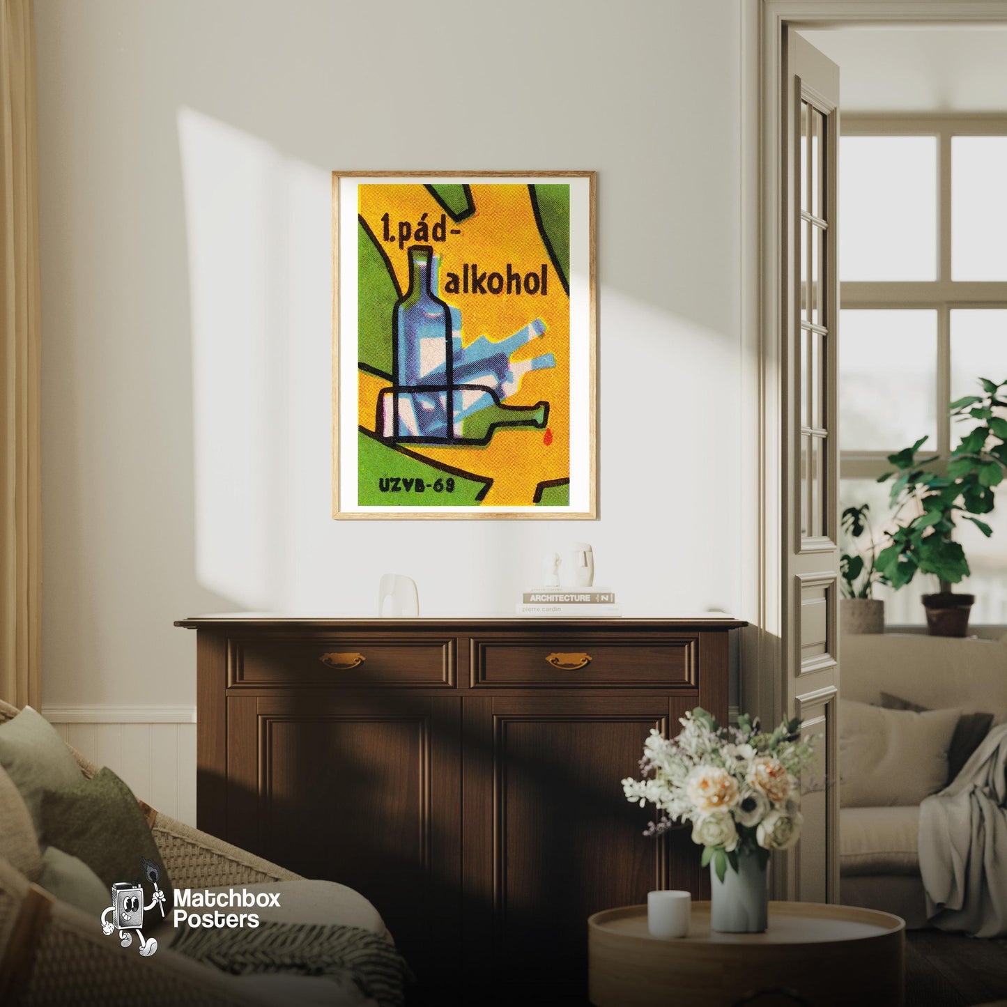Falling Bottles - vintage matchbox label print - living room mockup
