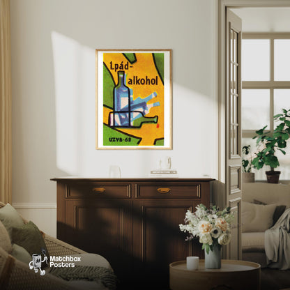 Falling Bottles - vintage matchbox label print - living room mockup