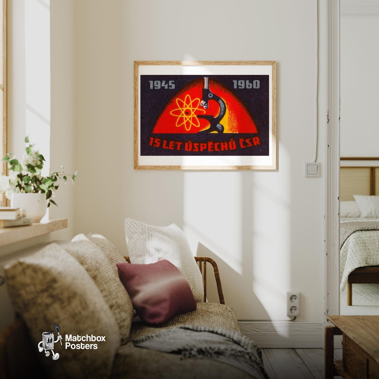Microscope - vintage matchbox label print - living room mockup