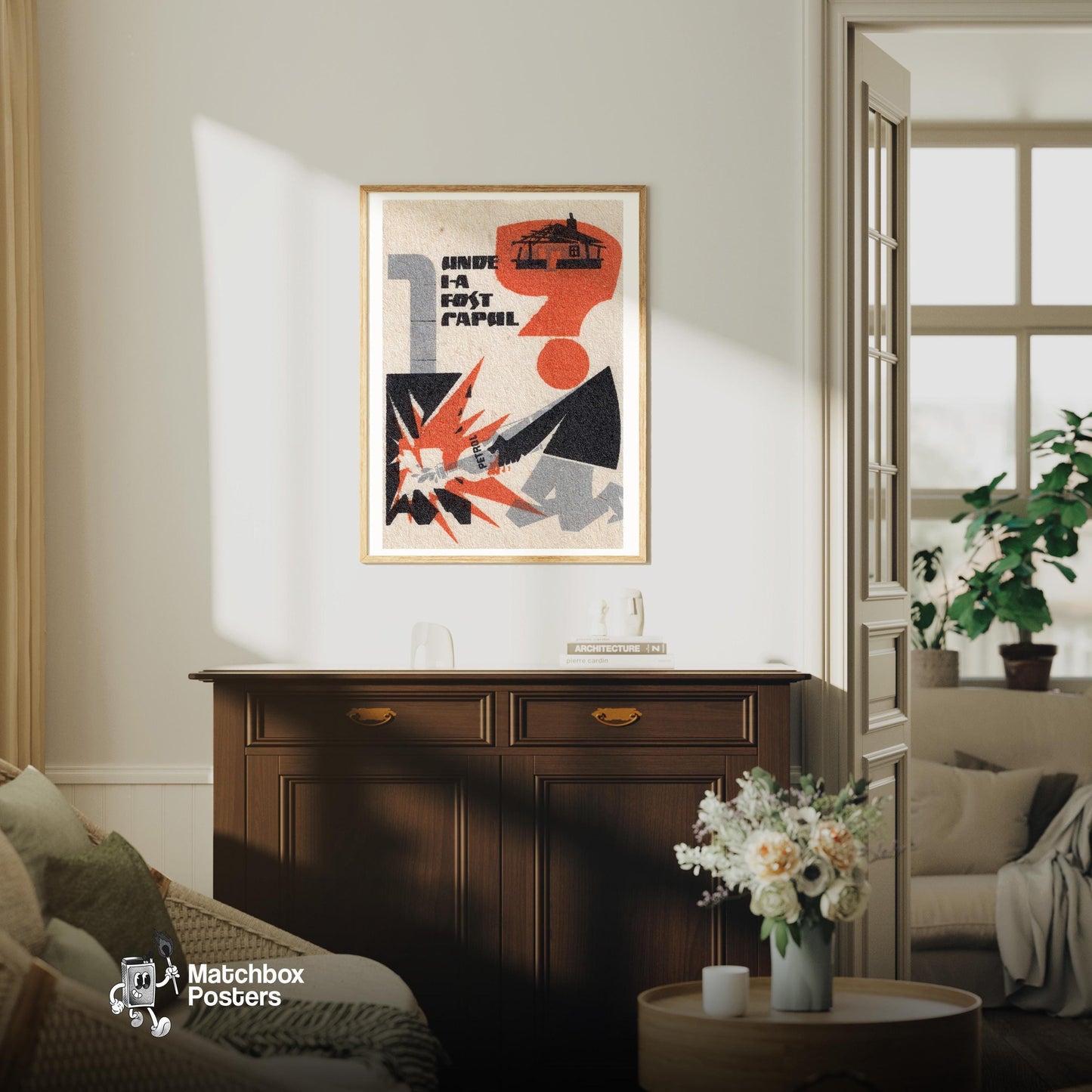 Where Was His Head? - vintage matchbox label print - living room mockup