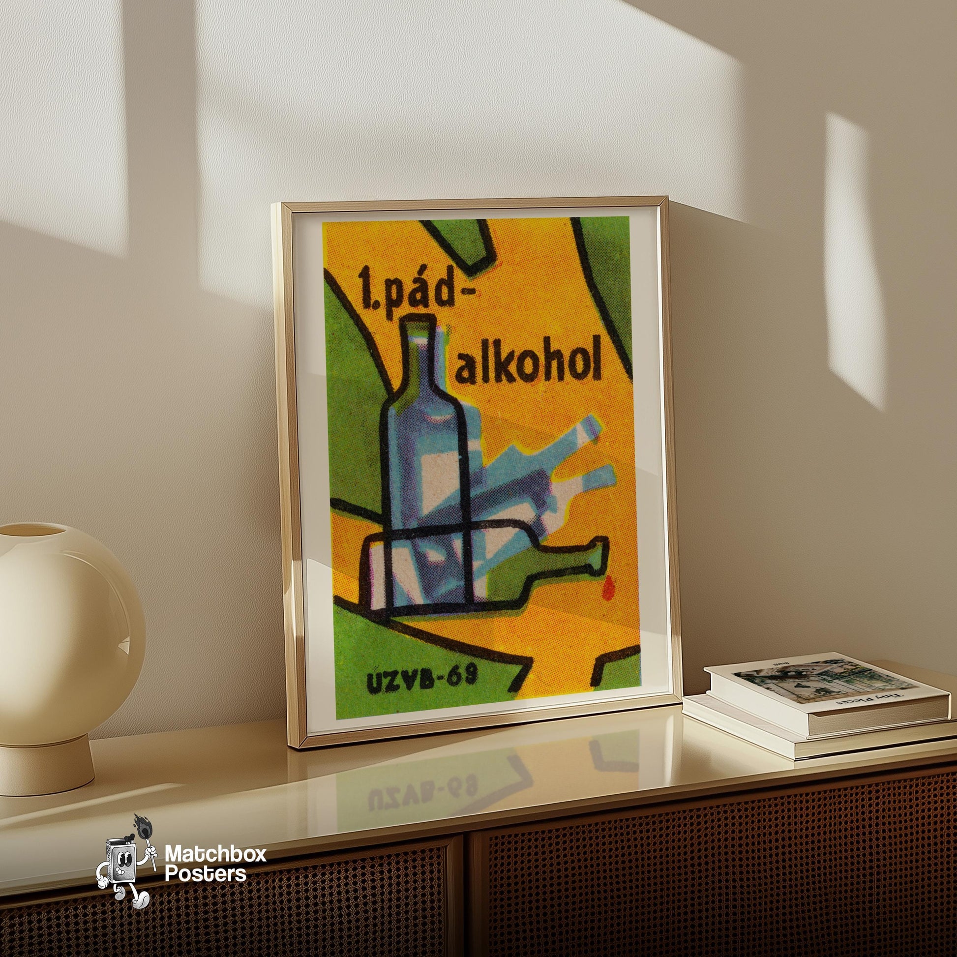 Falling Bottles - vintage matchbox label print - size comparison