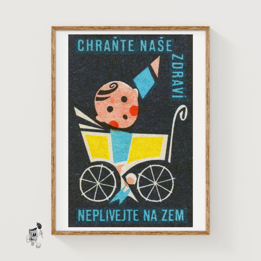 Baby in Yellow Stroller - vintage matchbox label print
