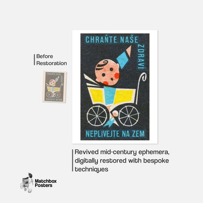 Baby in Yellow Stroller - vintage matchbox label print - framed wall art preview