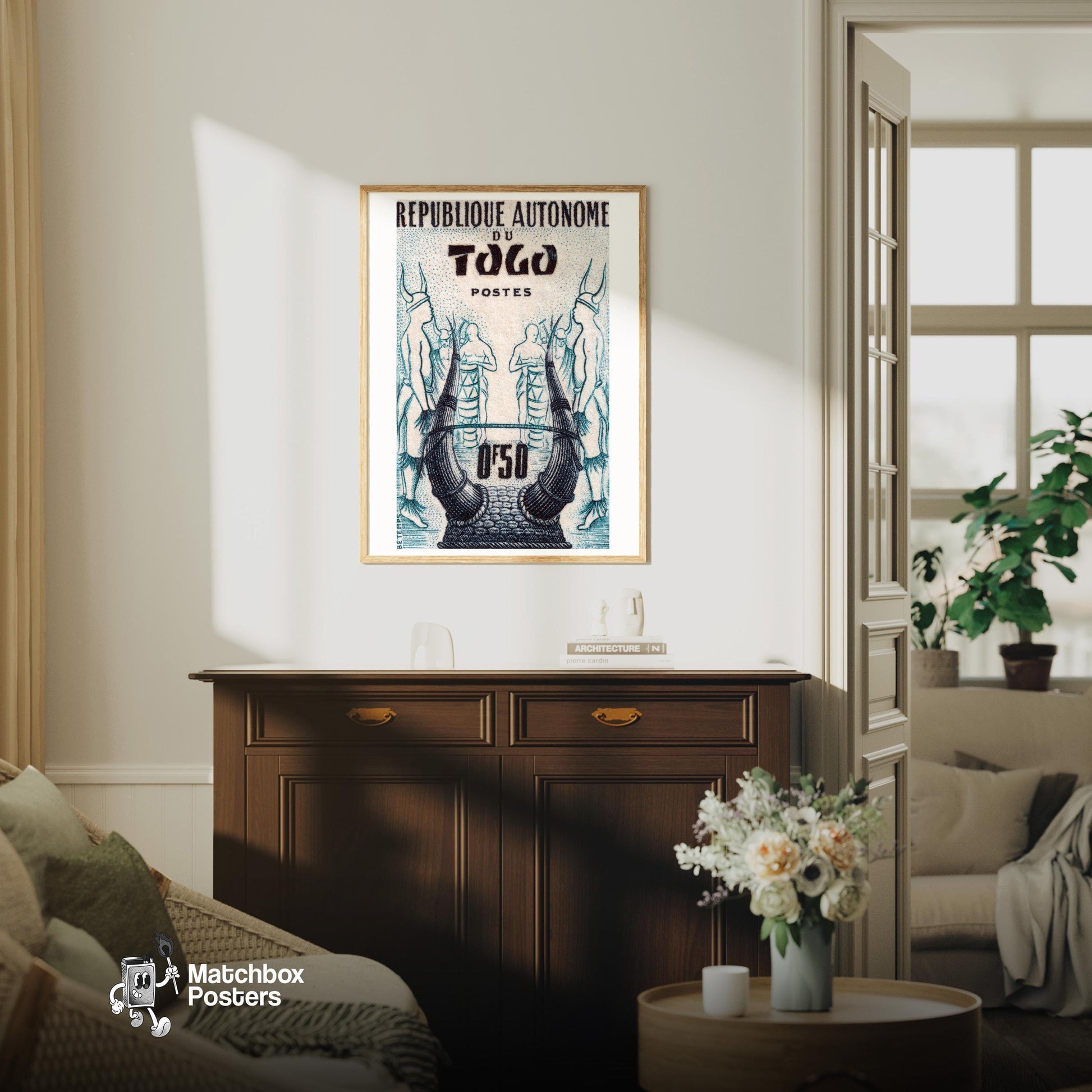 Horned Helmet - vintage matchbox label print - living room mockup