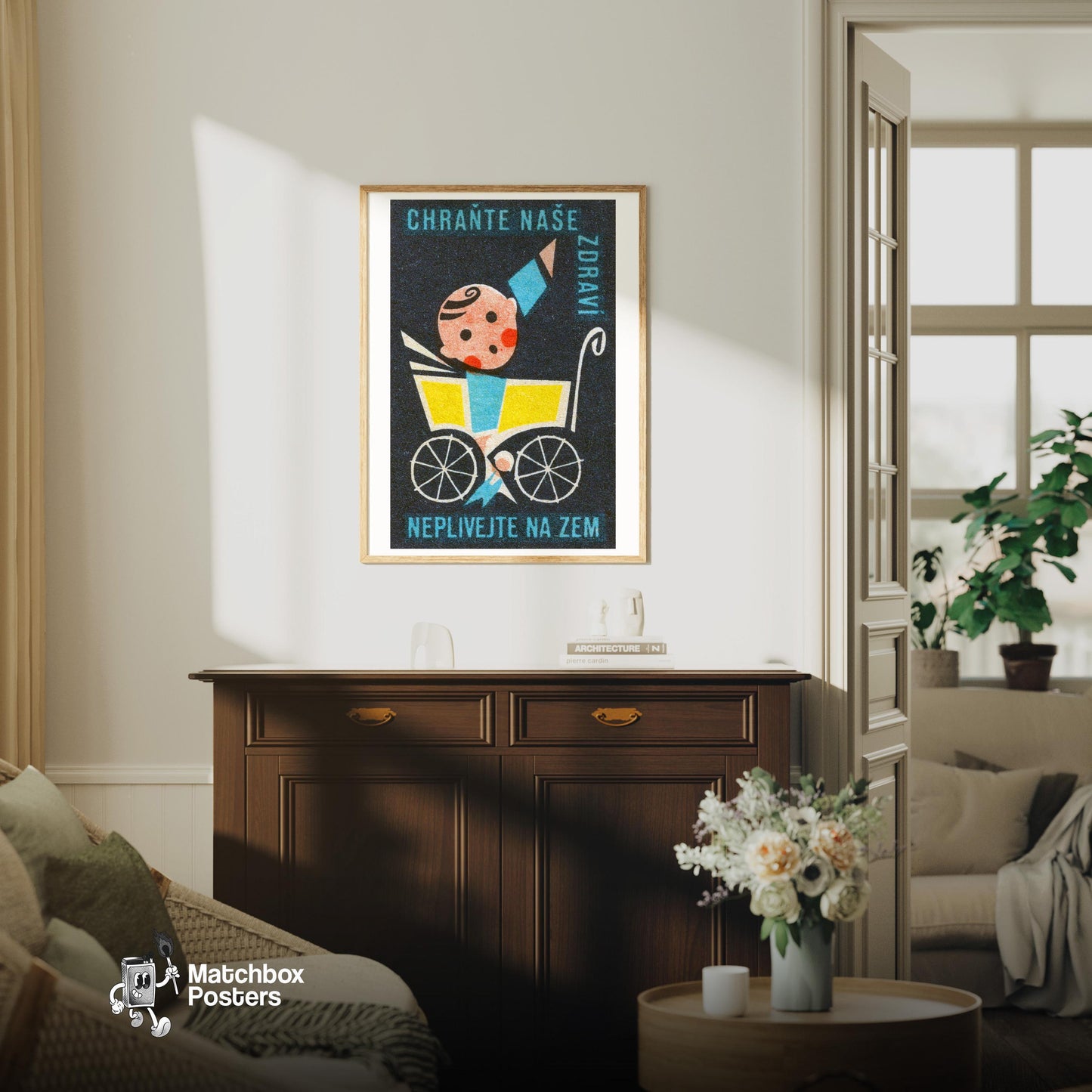 Baby in Yellow Stroller - vintage matchbox label print - living room mockup