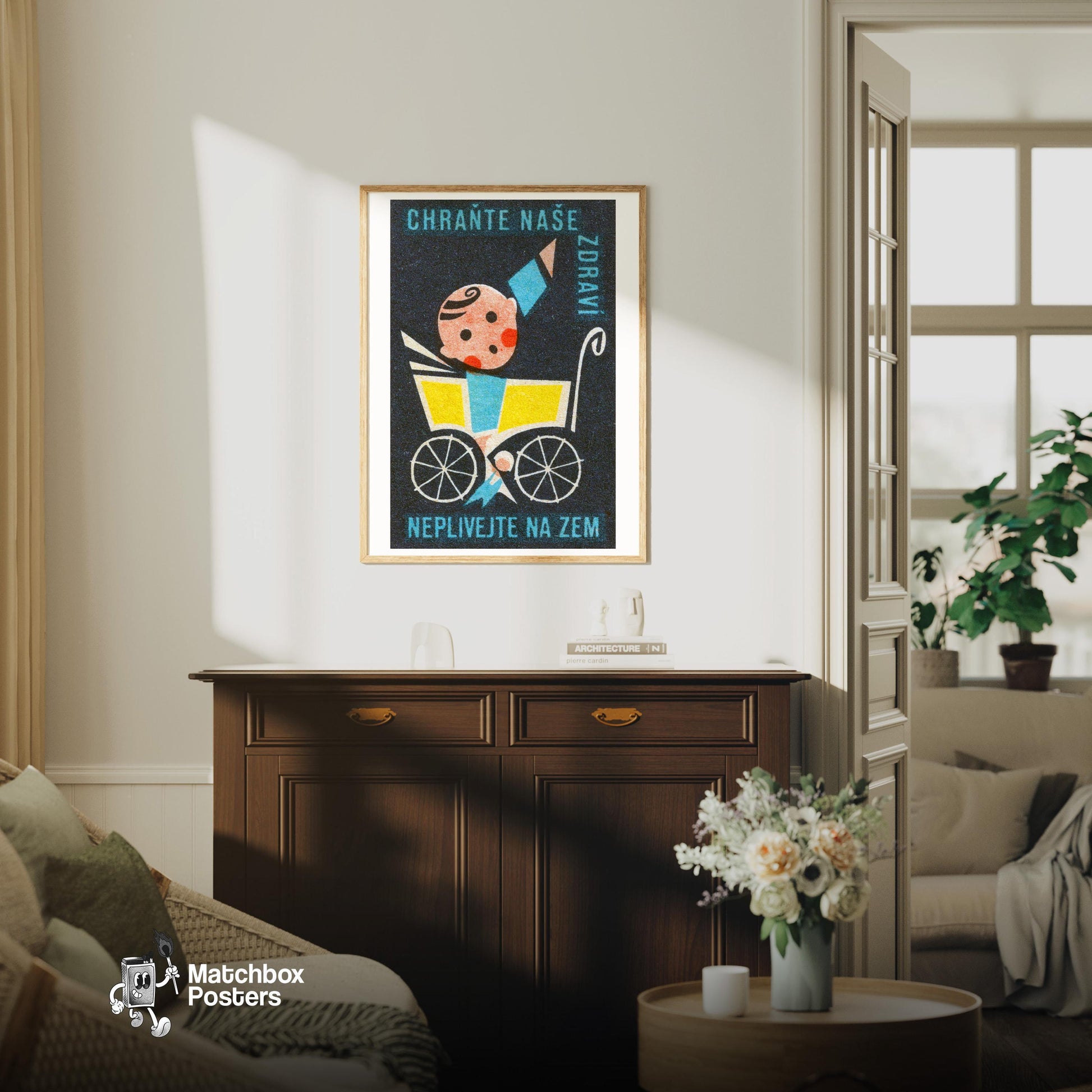 Baby in Yellow Stroller - vintage matchbox label print - living room mockup