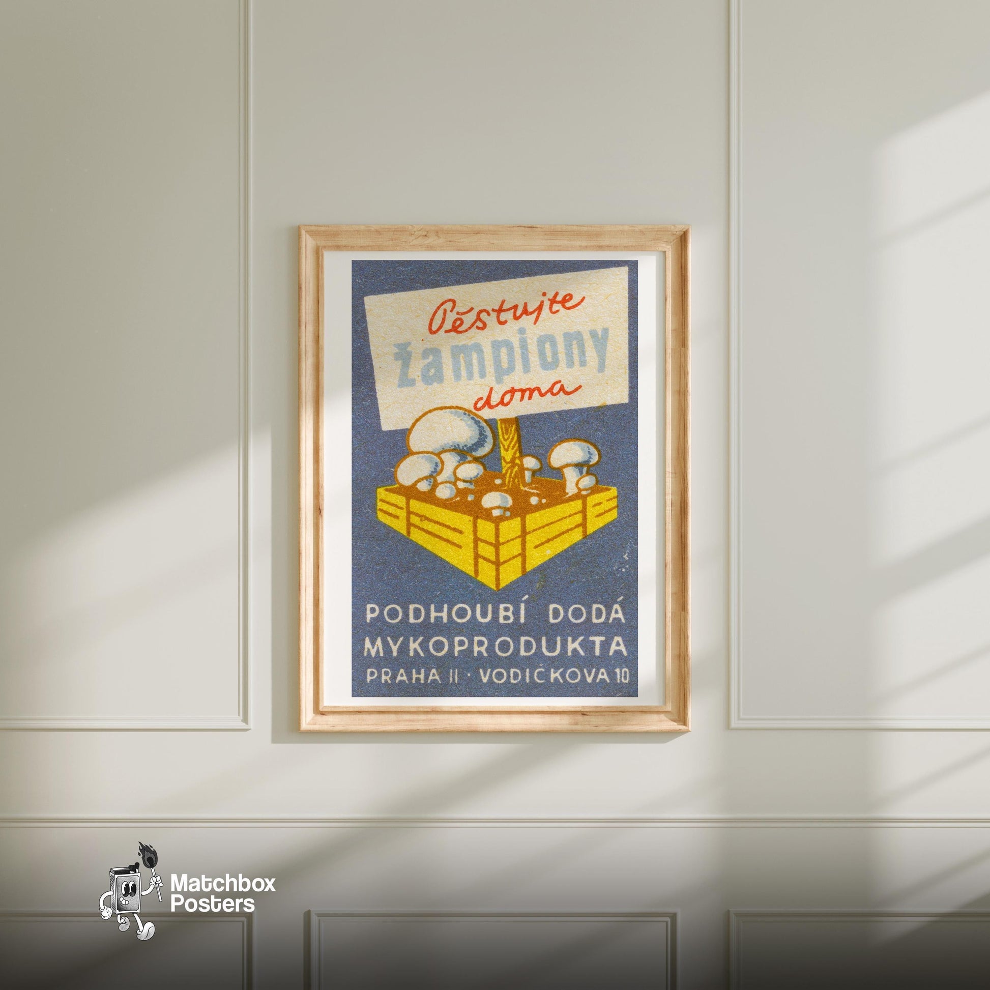 Mushrooms Growing - vintage matchbox label print - bedroom mockup