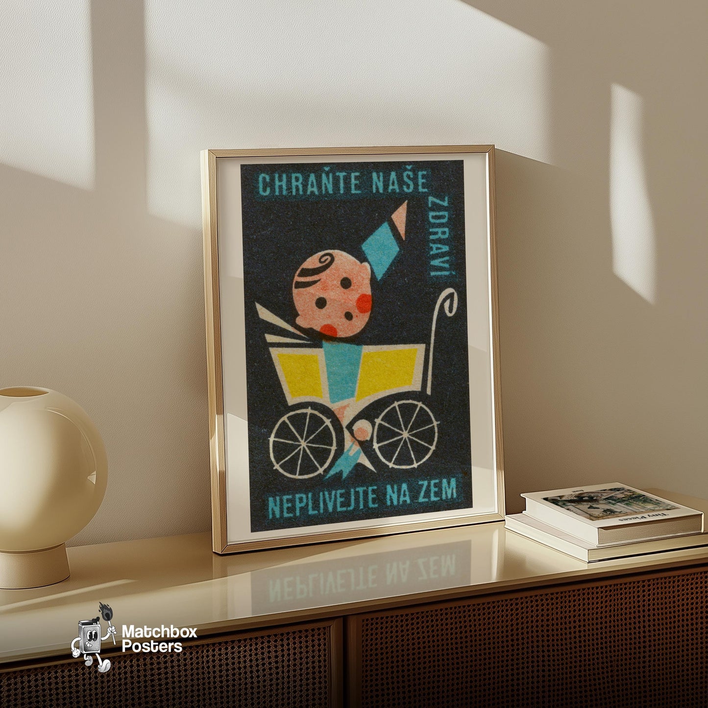 Baby in Yellow Stroller - vintage matchbox label print - size comparison