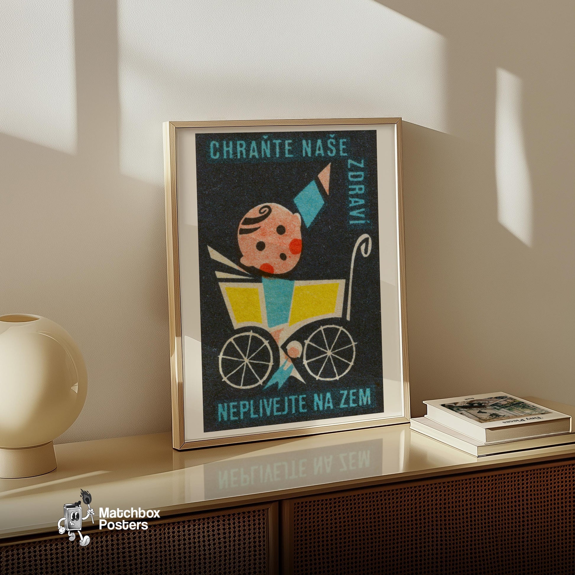 Baby in Yellow Stroller - vintage matchbox label print - size comparison
