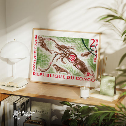 Squid and Fish - vintage matchbox label print - office wall