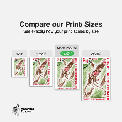 Squid and Fish - vintage matchbox label print - gallery wall preview