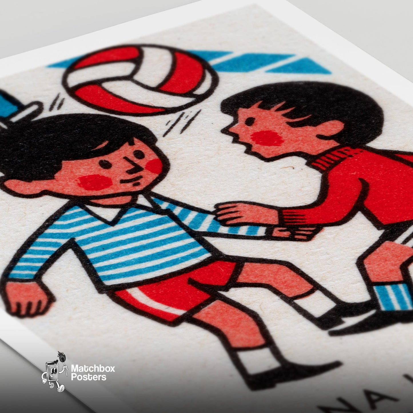 Boys Playing with Ball - vintage matchbox label print - close-up detail