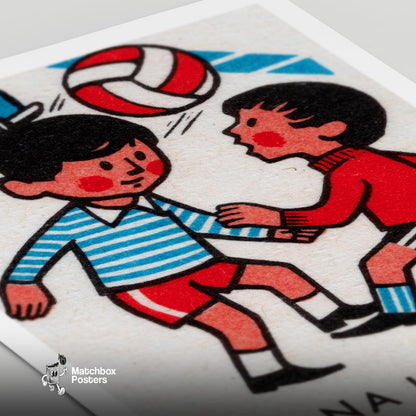 Boys Playing with Ball - vintage matchbox label print - close-up detail