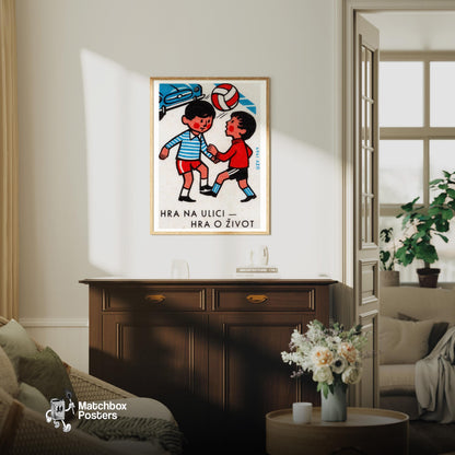 Boys Playing with Ball - vintage matchbox label print - living room mockup