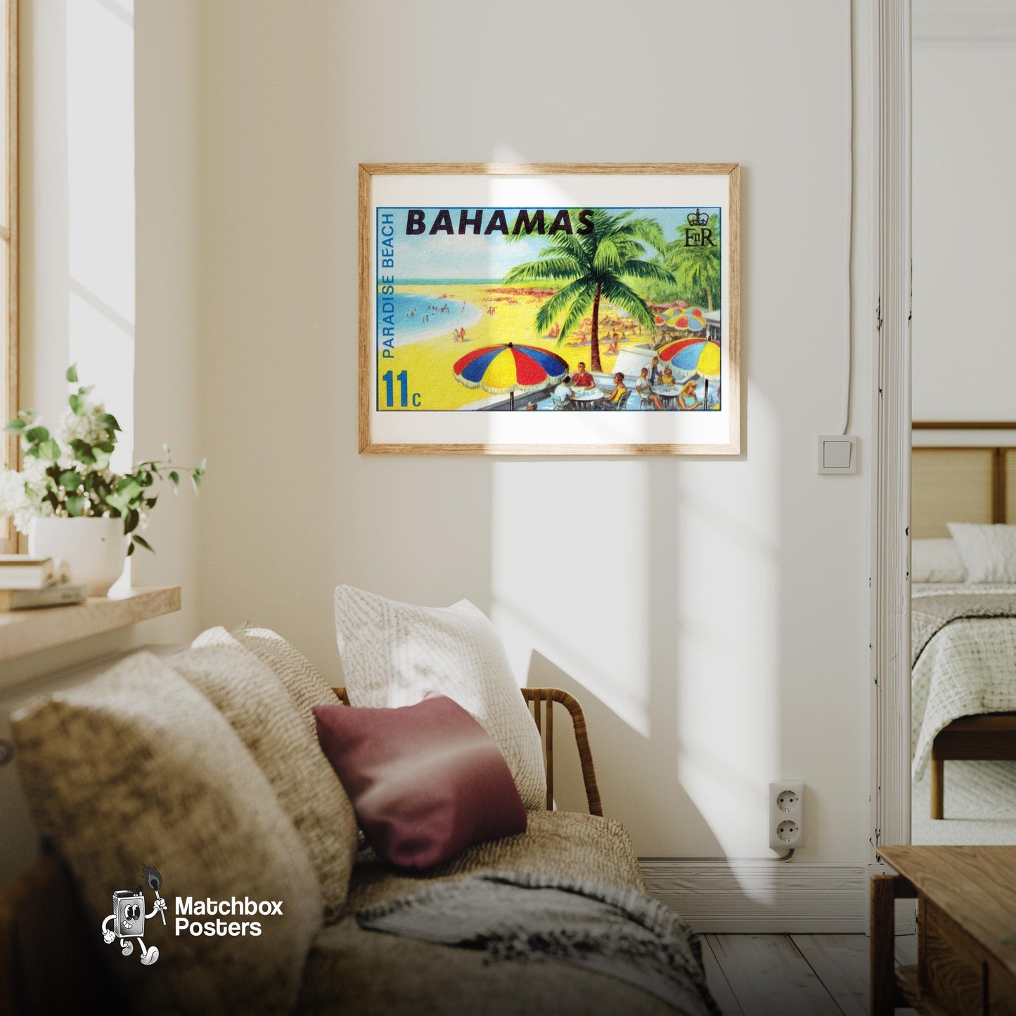 Beach Scene Bahamas - vintage matchbox label print - living room mockup