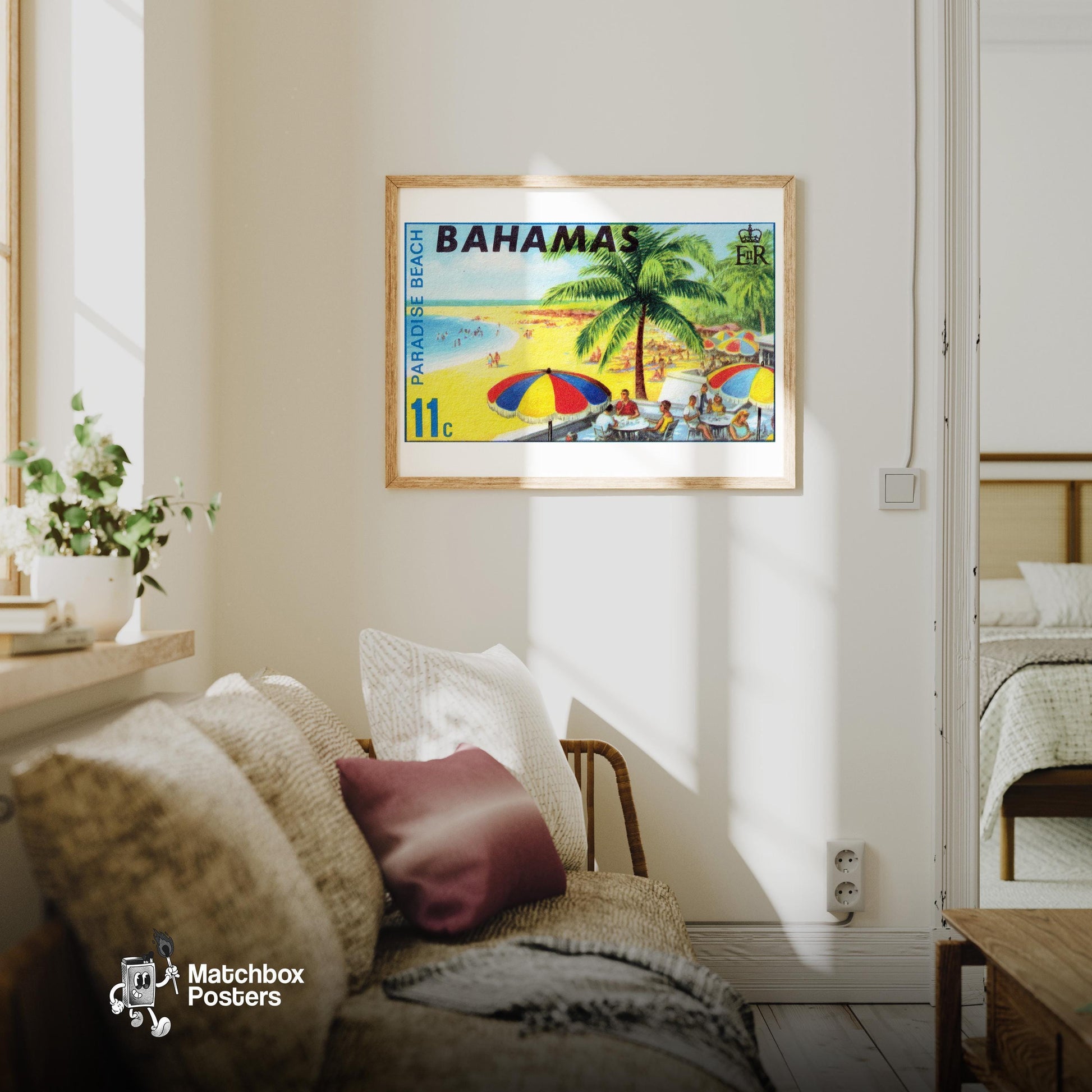 Beach Scene Bahamas - vintage matchbox label print - living room mockup
