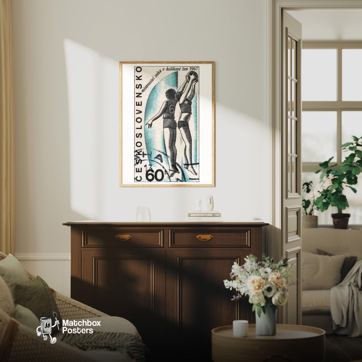 Female Basketball Players - vintage matchbox label print - living room mockup