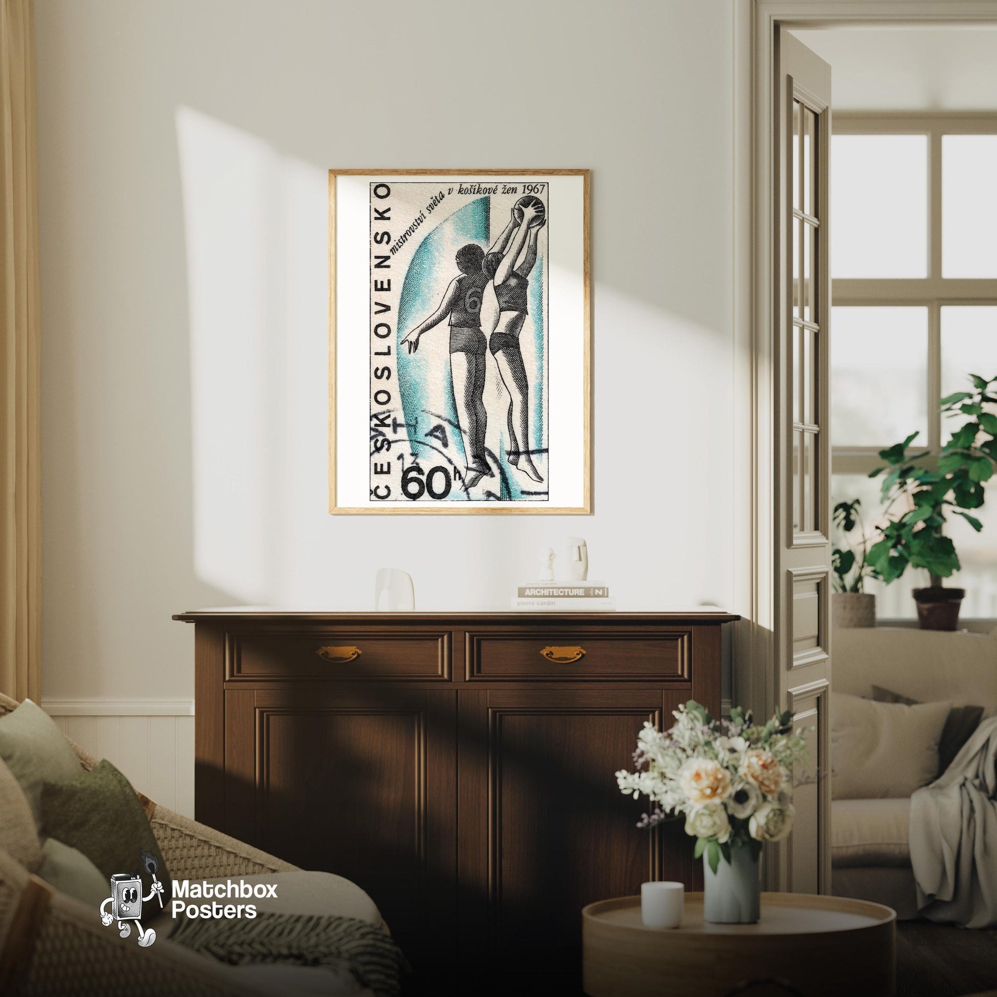 Female Basketball Players - vintage matchbox label print - living room mockup