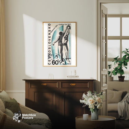 Female Basketball Players - vintage matchbox label print - living room mockup