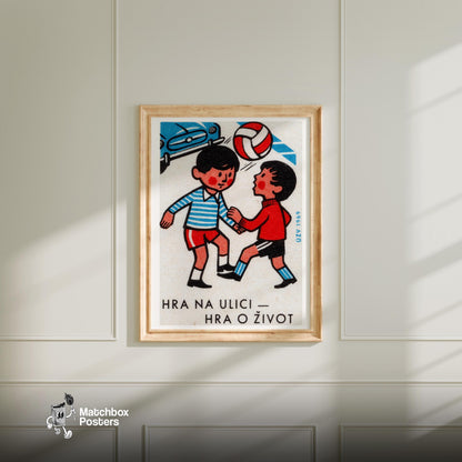 Boys Playing with Ball - vintage matchbox label print - bedroom mockup