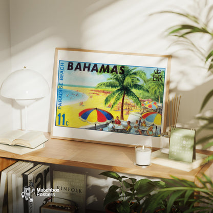 Beach Scene Bahamas - vintage matchbox label print - office wall