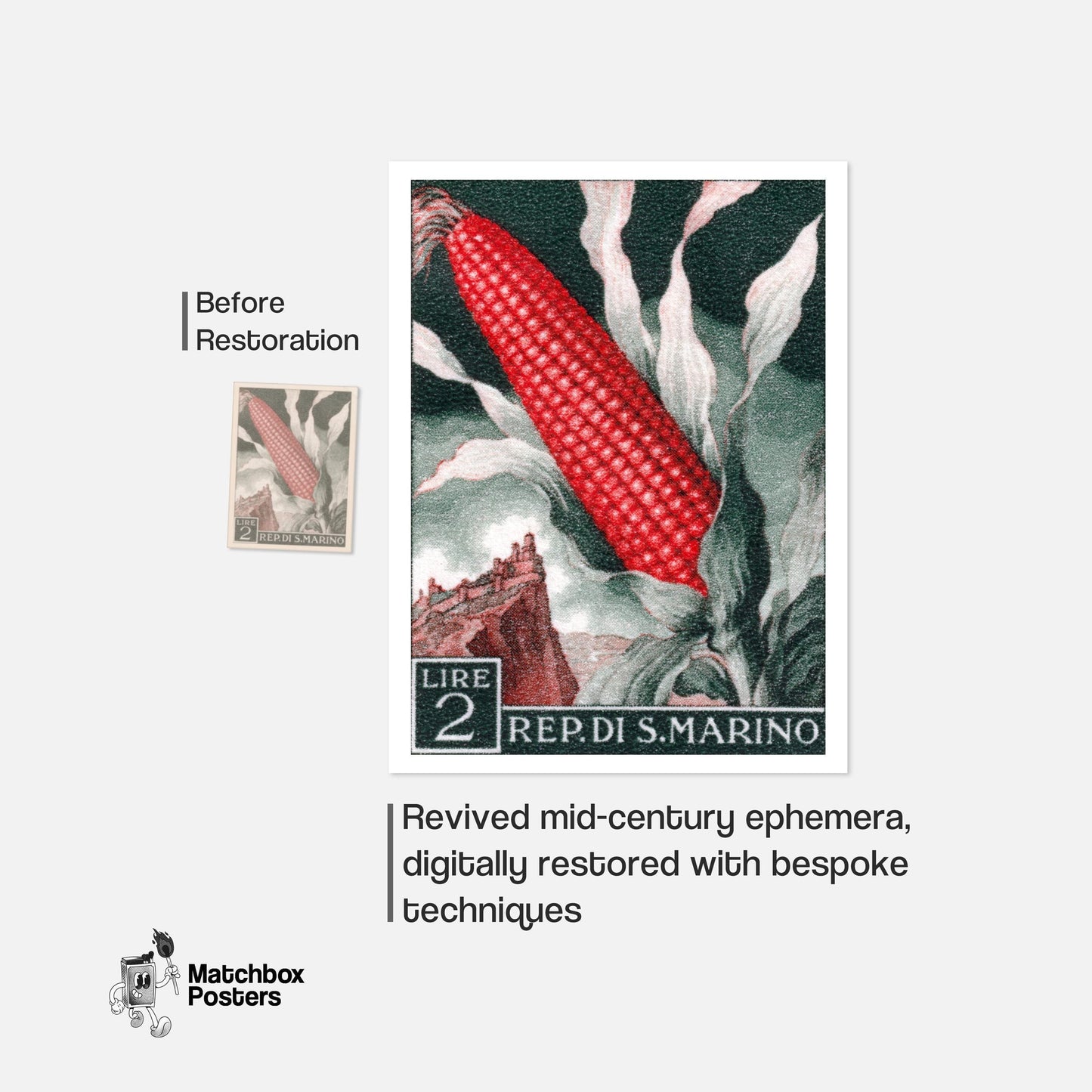Red Corn: Vintage REP. DI S. MARINO Stamp - vintage matchbox label print - framed wall art preview