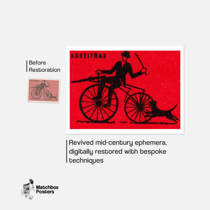Cyclist with Dog - vintage matchbox label print - framed wall art preview