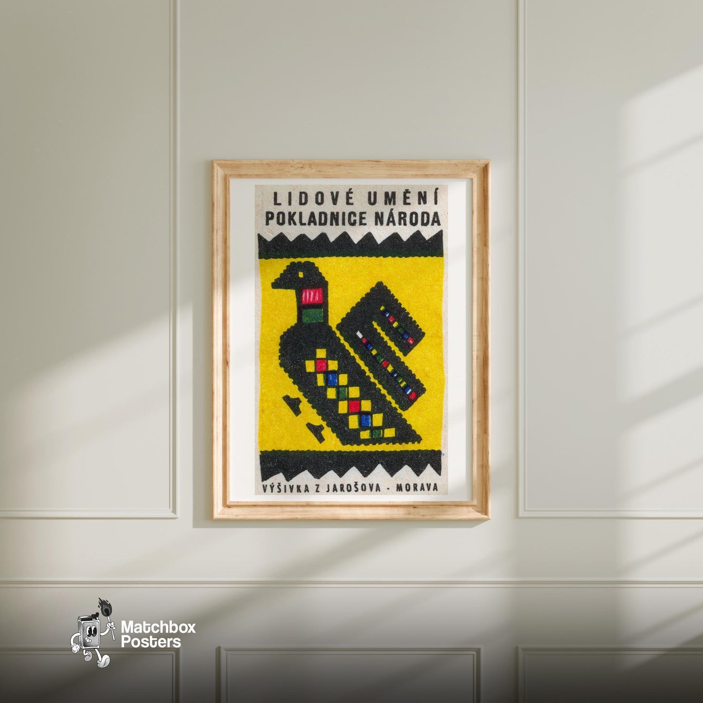 Folk Bird - vintage matchbox label print - bedroom mockup