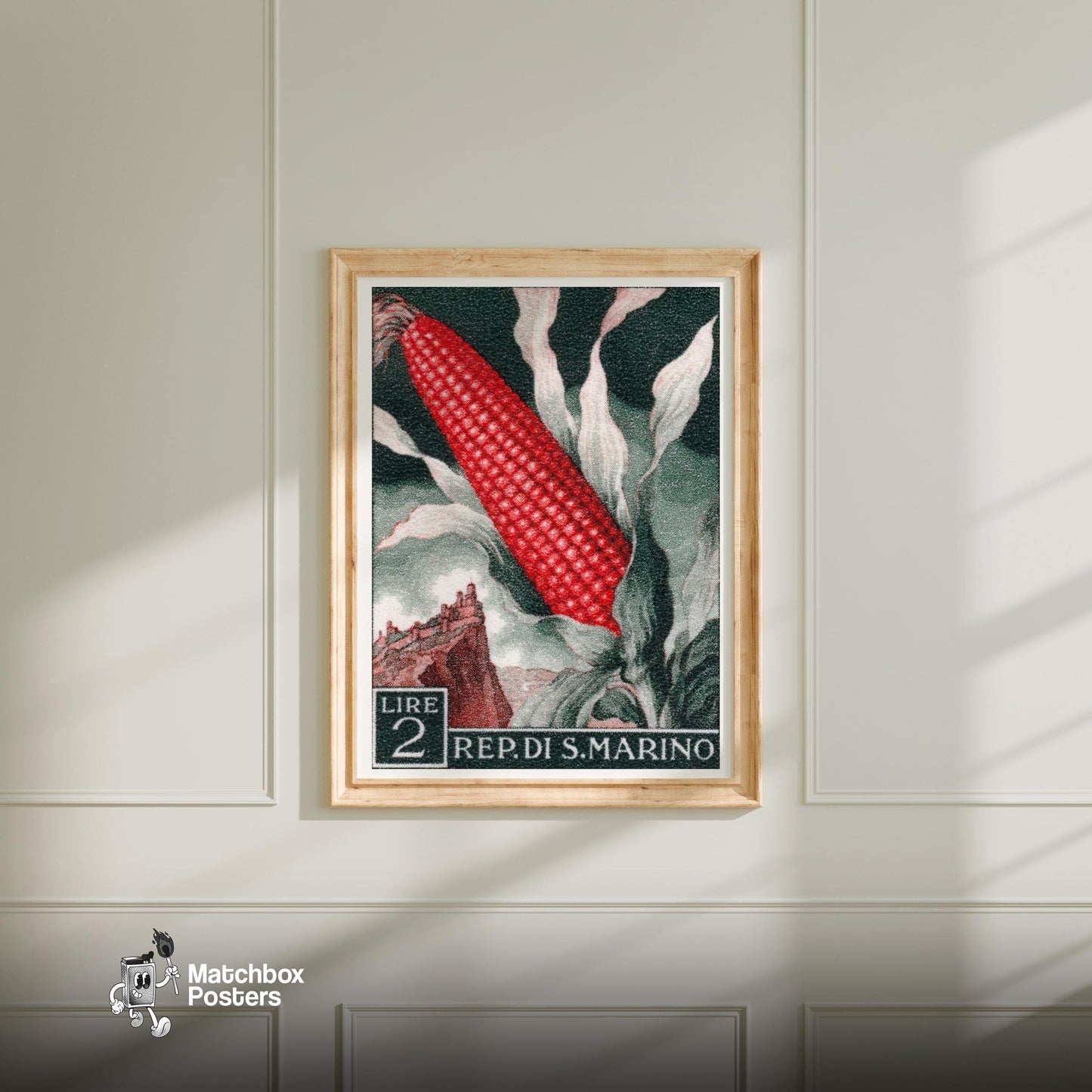 Red Corn: Vintage REP. DI S. MARINO Stamp - vintage matchbox label print - bedroom mockup
