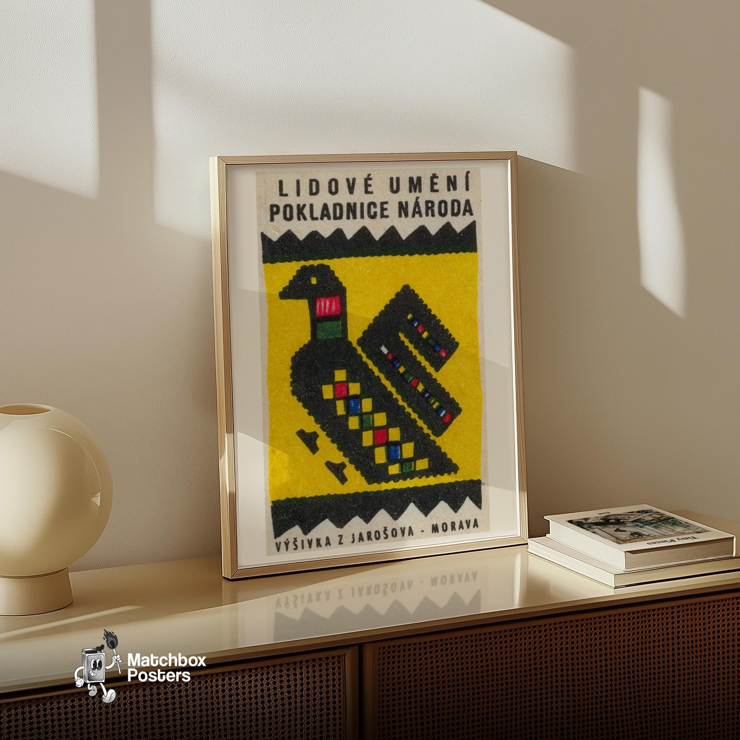 Folk Bird - vintage matchbox label print - size comparison