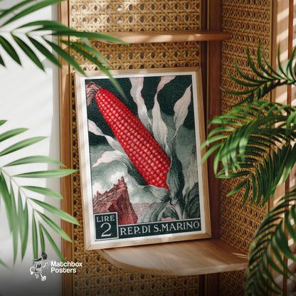 Red Corn: Vintage REP. DI S. MARINO Stamp - vintage matchbox label print - office wall