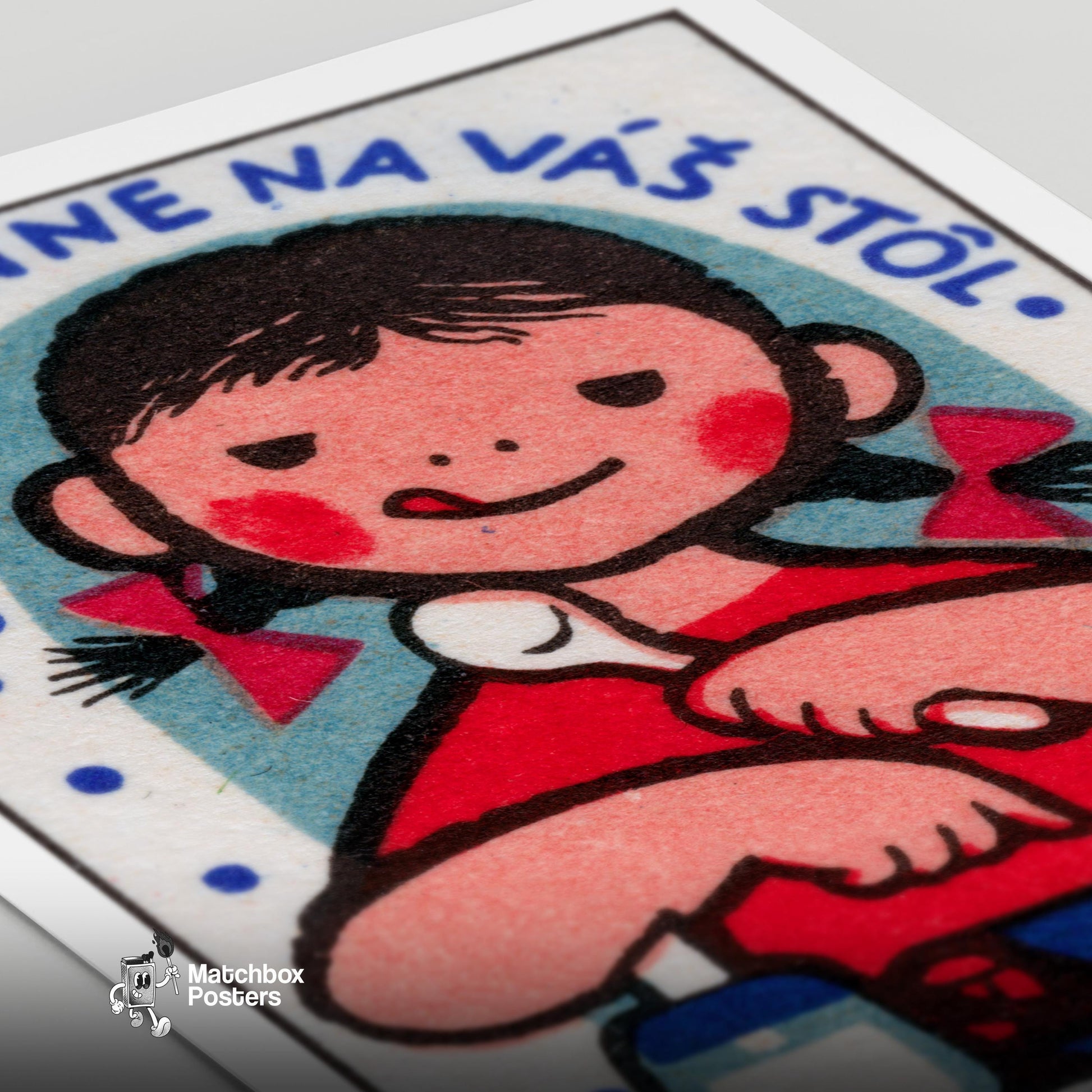 Girl Eating Food - vintage matchbox label print - close-up detail