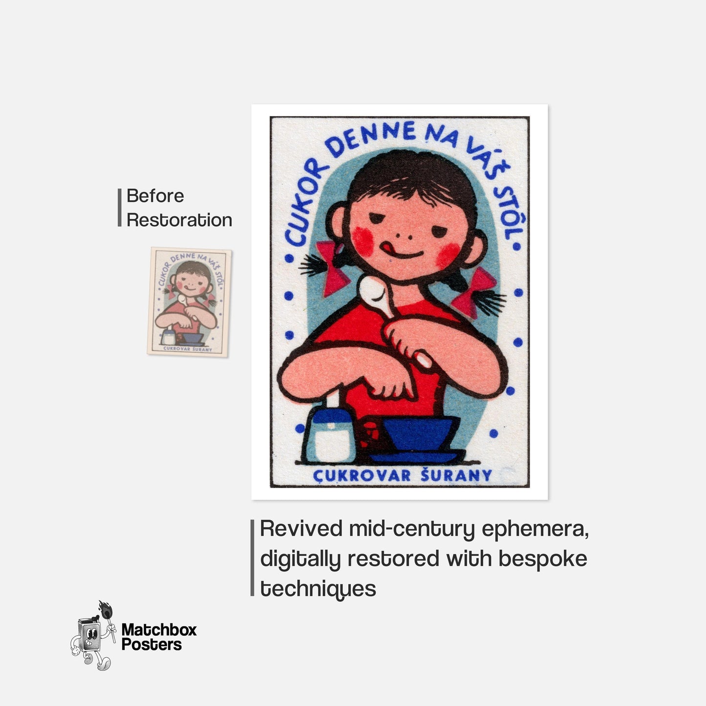 Girl Eating Food - vintage matchbox label print - framed wall art preview