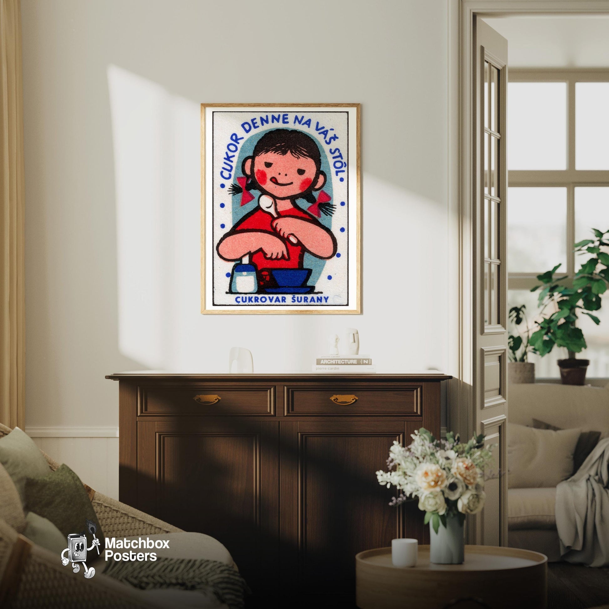 Girl Eating Food - vintage matchbox label print - living room mockup