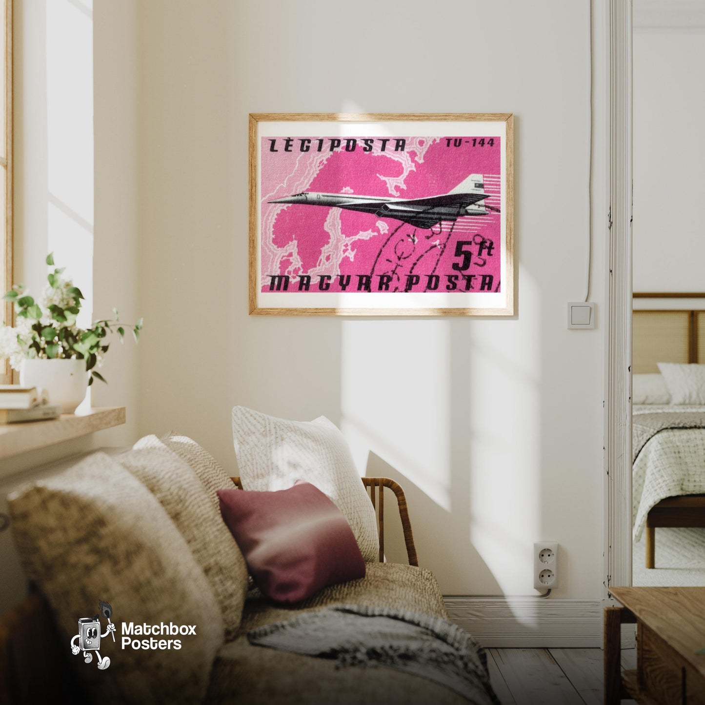 TU-144 Aircraft - vintage matchbox label print - living room mockup