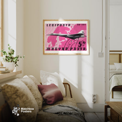 TU-144 Aircraft - vintage matchbox label print - living room mockup