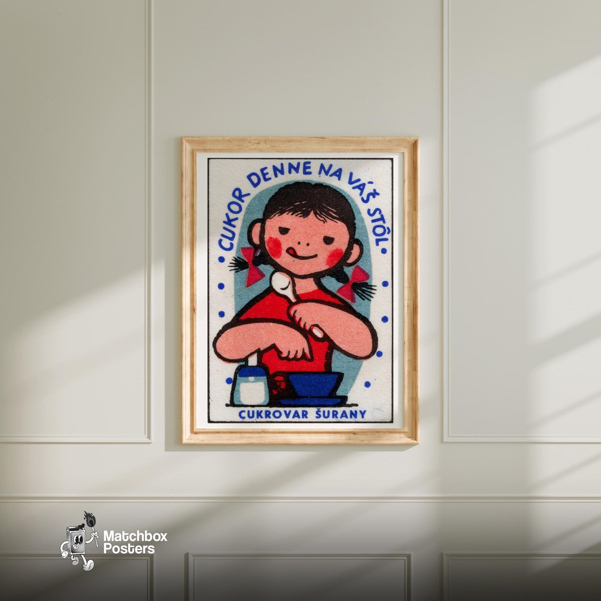 Girl Eating Food - vintage matchbox label print - bedroom mockup