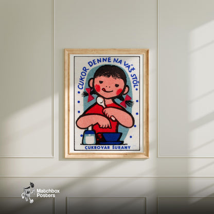 Girl Eating Food - vintage matchbox label print - bedroom mockup