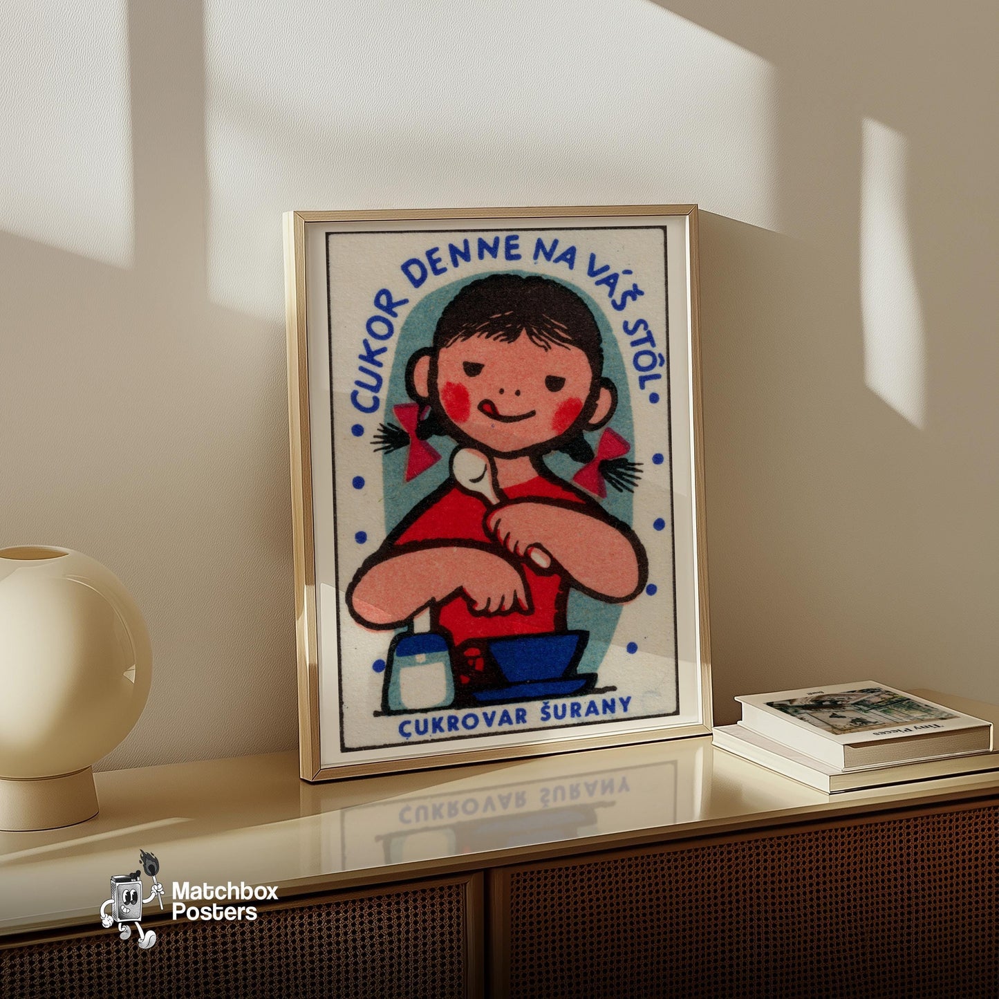 Girl Eating Food - vintage matchbox label print - size comparison